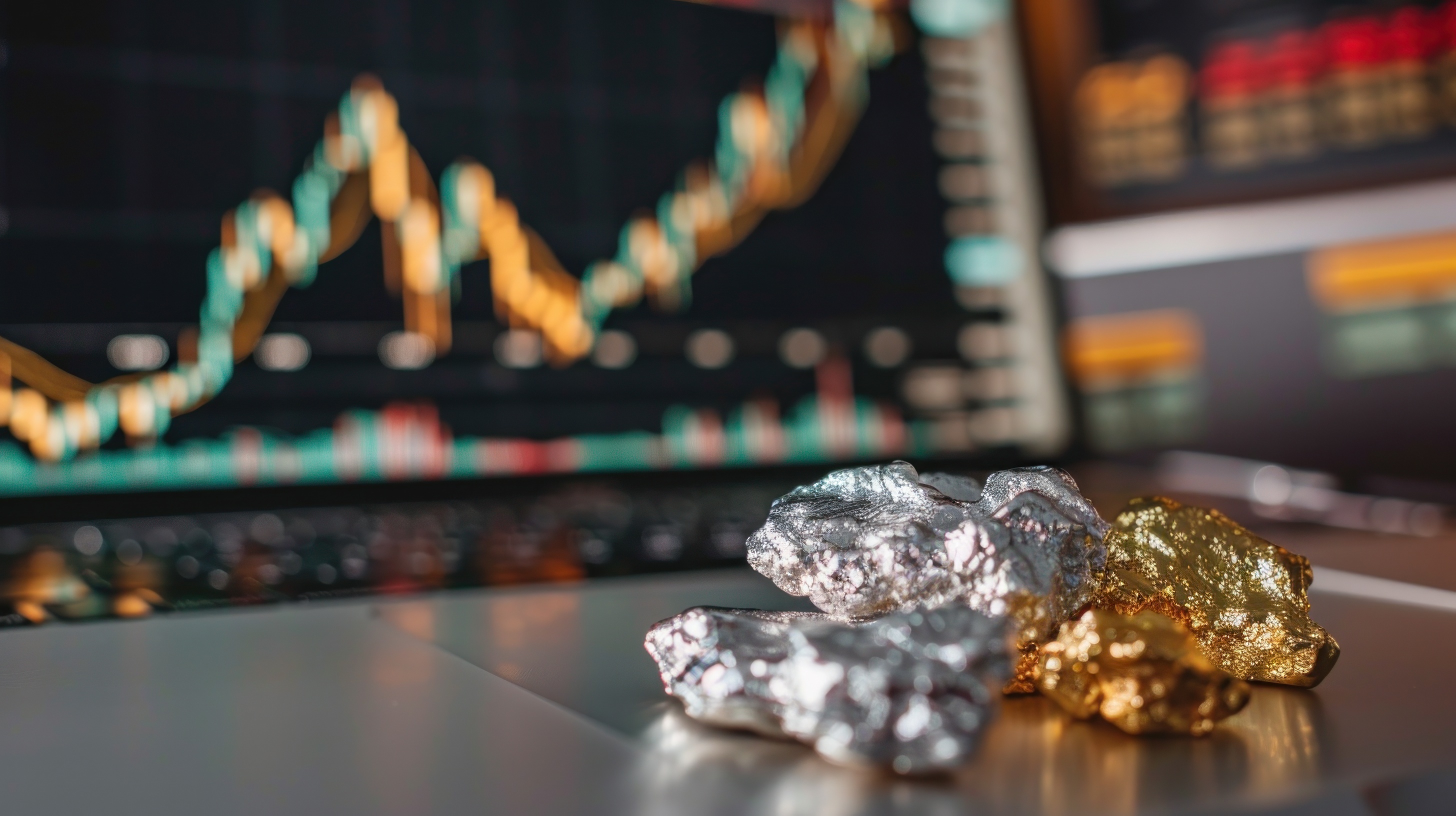 Raw silver and gold nuggets with stock graph Von Oksana