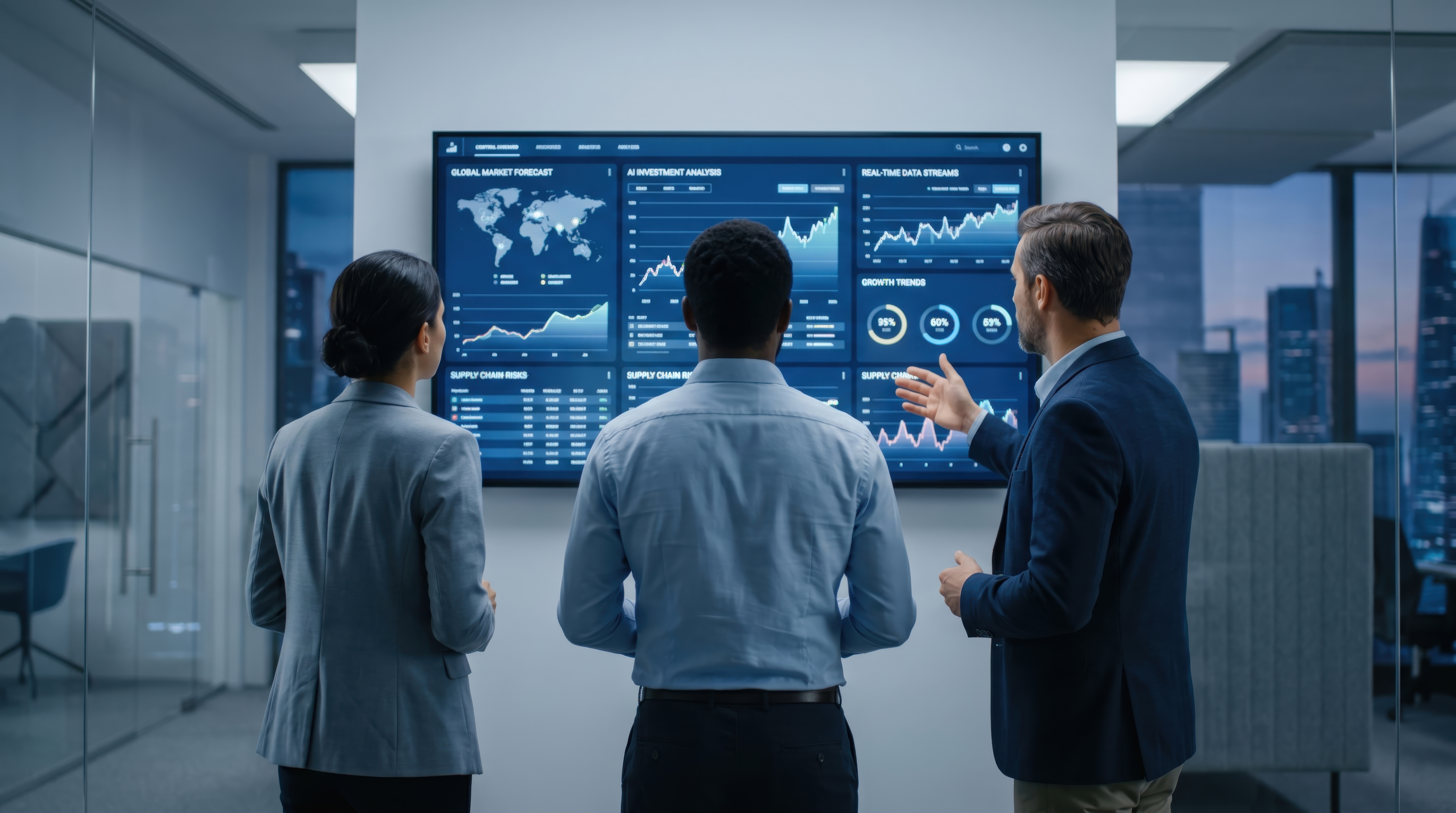 Team reviewing global market forecast and AI investment analysis on large digital screen, business meeting, financial data visualization, corporate strategy discussion, supply_von Haruto_Generiert mit KI