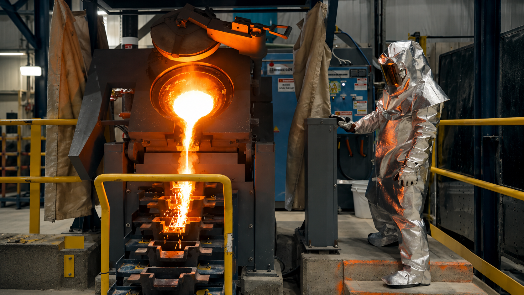Glühender Metallguss in der Gießerei