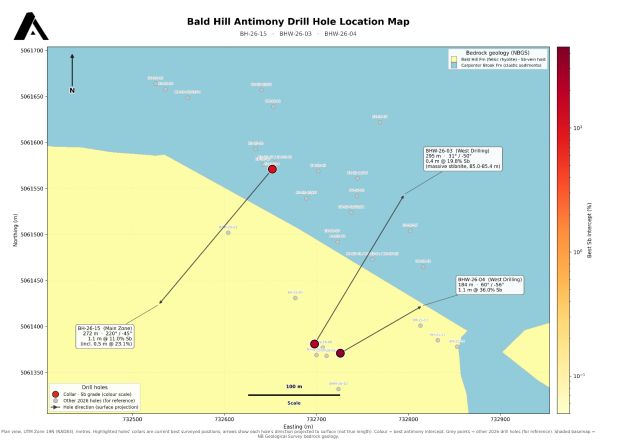 A map detailing the locations and geological data of various drill holes for antimony exploration at Bald Hill.<br /> <br /> AI-generated content may be incorrect.