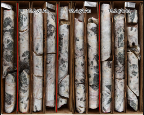 The image shows a stack of gold nuggets, each labeled with different gold content measurements: 12.8 grams per tonne, 18.4 grams per tonne, and 16.2 grams per tonne.<br /> <br /> AI-generated content may be incorrect.