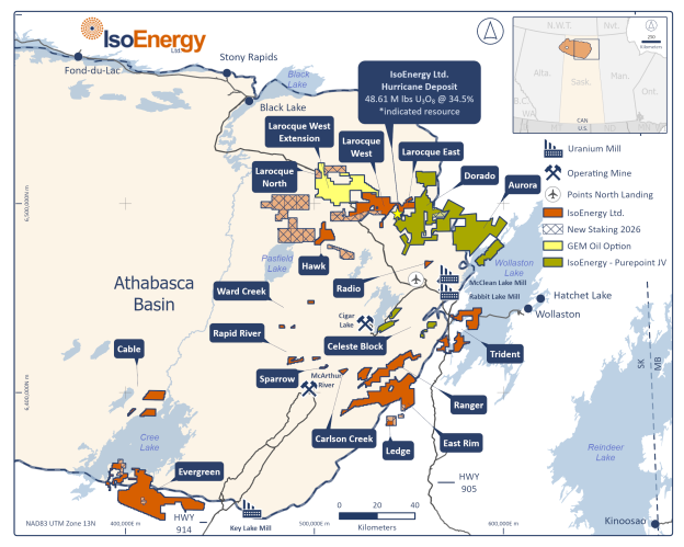 The image illustrates a map displaying various uranium deposits and mining locations across Canada, with IsoEnergy Ltd. and other entities involved in exploration and mining activities. AI-generated content may be incorrect.