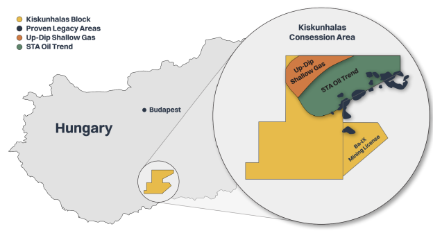 The image depicts a map highlighting various geological features and locations, including Kiskunhalas Block, proven legacy areas, consession areas, up-dip shallow gas, and an oil trend in Budapest, Hungary, with associated mining licenses.<br /> <br /> AI-generated content may be incorrect.