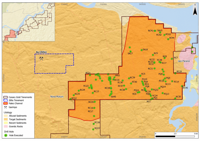 Map showing Canary tenure, interpreted paleochannel extent and completed drill holes across the Jaciparaná target.
