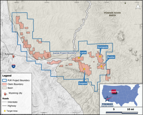 The image depicts a topographical map of the Powder River Basin in Wyoming, highlighting various geographical locations, project boundaries, and infrastructure elements, with a scale indicating distances.<br /> <br /> AI-generated content may be incorrect.