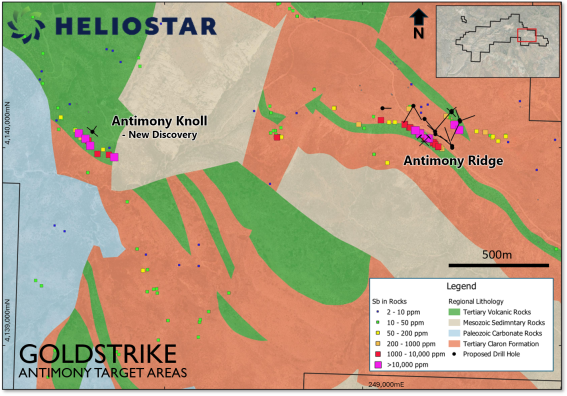 The image is a map detailing various geological layers and mineral concentrations, including locations for potential mining, such as Antimony Knoll and Antimony Ridge, with specific mineral content levels marked. AI-generated content may be incorrect.