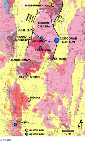 Regional geology map showing the Corcoran Canyon property and nearby mineral occurrences, Toquima Range, Nevada