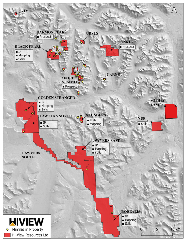 The image depicts a geological map highlighting various mineral prospects, locations, and soil types across a mountainous region, with specific annotations for areas like Harmon Peak and Black Pearl. AI-generated content may be incorrect.