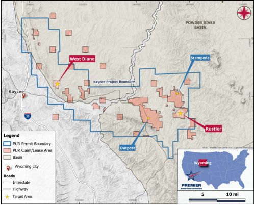 The image depicts a geographical map showing various locations in Wyoming, including Powder River Basin, Savage Creek, Fort Rennet, West Diane, Stampede, and others, along with their respective coordinates and details such as permits, leases, and road types. AI-generated content may be incorrect.