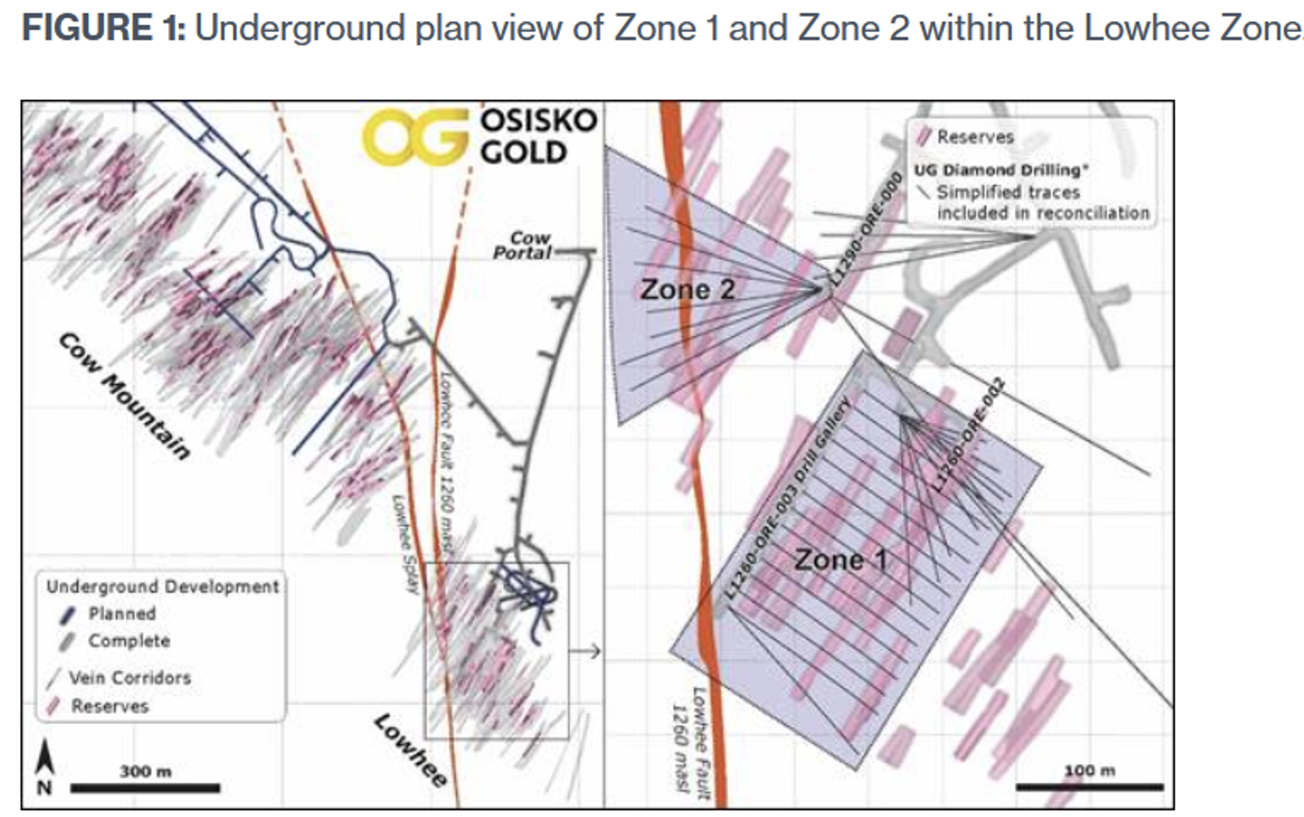 Underground plan view of Zone 1 and Zone 2 within the Lowhee Zone