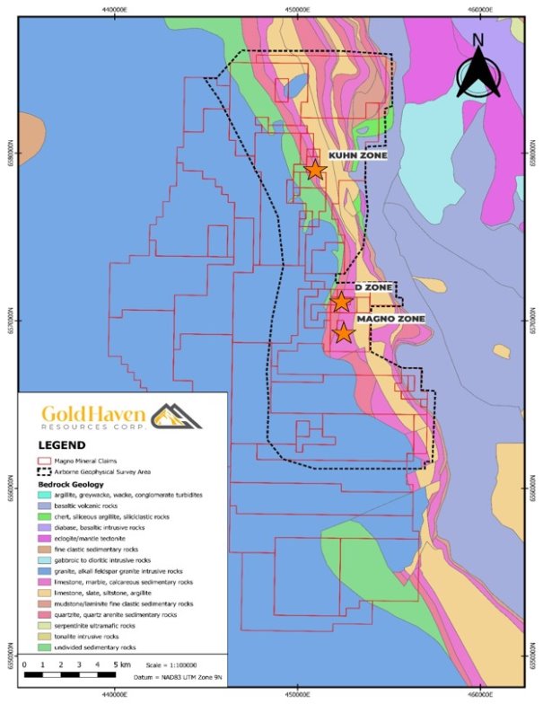 Geology map showing the area of the airborne survey as well as the high-priority zones within the Magno project emphasizing the Kuhn, D Zone, Magno zones.
