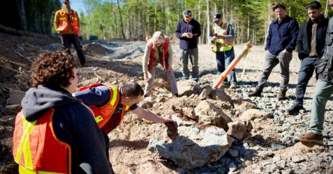 A group of people, including a person in an orange vest and a dog, are working together in a dirt and rocky outdoor environment.<br /> <br /> AI-generated content may be incorrect.
