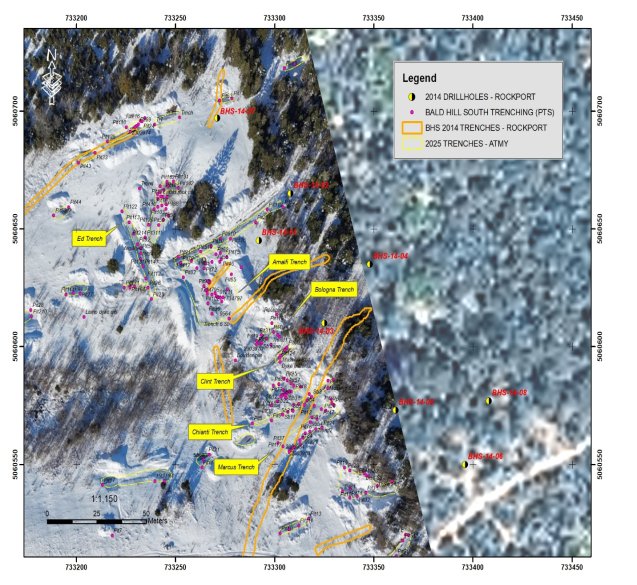 The image depicts a detailed map or diagram showing various geological features, including multiple pits, trends, and rock formations, with specific coordinates and labels, likely from a mining or geological survey area.<br /> <br /> AI-generated content may be incorrect.
