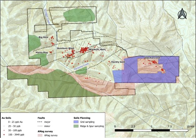The image appears to be a topographic map or geological survey, showing various locations such as creeks, mines, and survey areas, with different concentrations of gold (Au) indicated in parts per billion (ppb).<br /> <br /> AI-generated content may be incorrect.