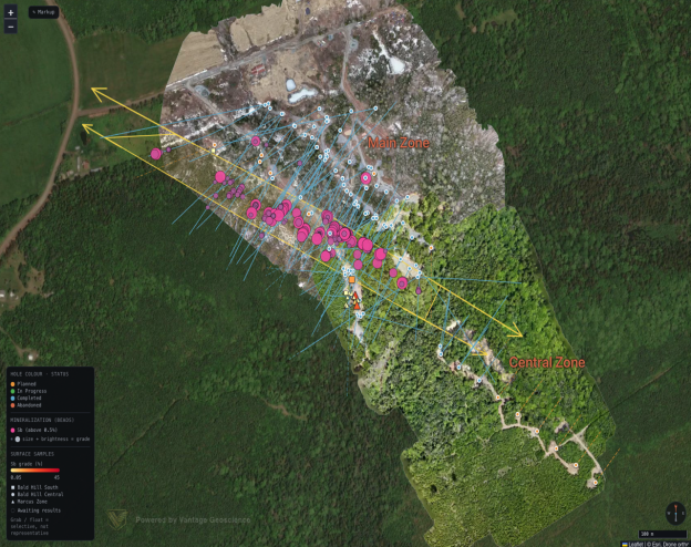 The image shows a geological survey map with various zones marked, including a central zone, a main zone, and several subzones, each with different statuses and mineralization levels, particularly focusing on the presence of Sb (antimony).<br /> <br /> AI-generated content may be incorrect.