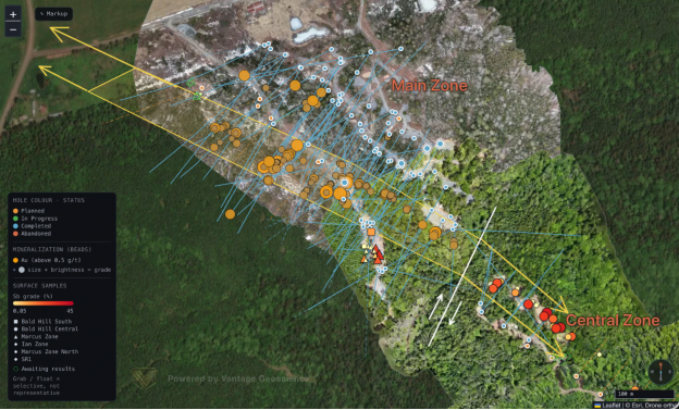 The image shows a geological survey map with various zones marked, indicating mineralization levels, statuses of mining activities, and sample locations.<br /> <br /> AI-generated content may be incorrect.