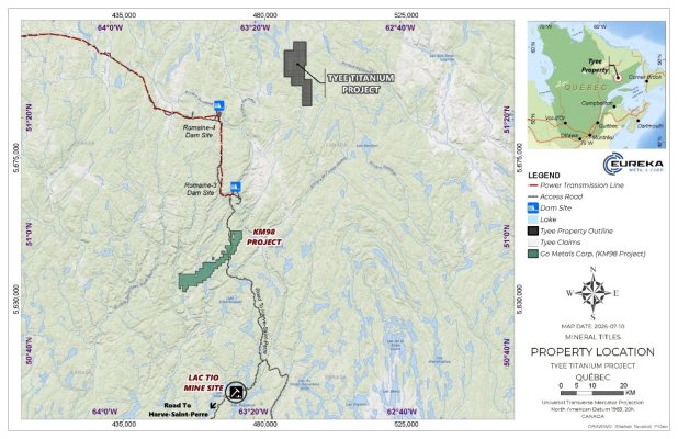 The image displays a map with various geographical locations and coordinates, including towns, rivers, and property locations, such as Tyee Titanium Project, Romaine-3, and Lake Tio. It also shows a power transmission line and access roads.<br /> <br /> AI-generated content may be incorrect.