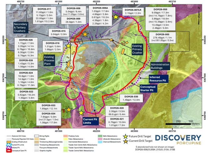 The image appears to be a detailed geological survey or map, showcasing various locations and depths, possibly for mining or drilling operations, with measurements in grams per tonne (gpt) and meters. AI-generated content may be incorrect.