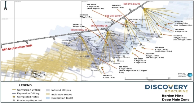 The image appears to be a geological map or drill site layout, showcasing various drill locations, depths, and geological data such as gamma ray (gpt) measurements and azimuth readings, along with coordinates.<br /> <br /> AI-generated content may be incorrect.