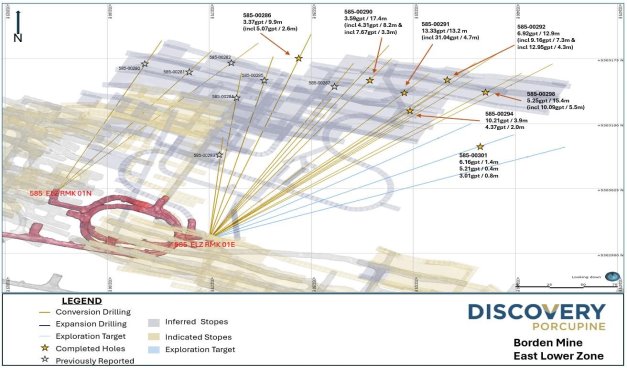 The image is a map with various geographical coordinates, including addresses and codes, alongside a legend explaining different drilling and exploration activities at a mining site.<br /> <br /> AI-generated content may be incorrect.