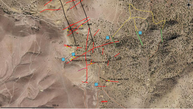 The image shows a geological map with various prospector shafts and adits, indicating locations for mineral exploration and extraction. AI-generated content may be incorrect.