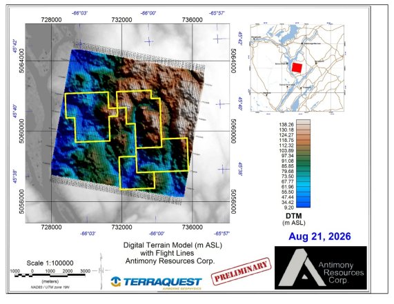 The image is a topographic map showing a Digital Terrain Model (DTM) of Antimony, featuring contour lines and elevation data, scaled at 1:100,000, with specific coordinates and flight lines dated for August 21, 2026. AI-generated content may be incorrect.