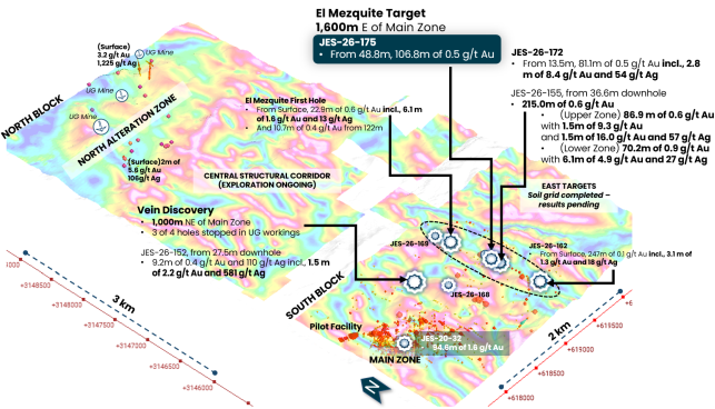 The image shows a detailed geological map of the El Mezquite area, featuring various mineralization zones and drill hole data, including gold (Au), silver (Ag), and other valuable minerals. AI-generated content may be incorrect.