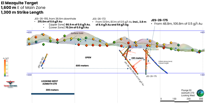 The image is a geological diagram depicting the mineral composition and distribution in various zones of the El Mezquite Target, showing different grades of gold (Au), silver (Ag), and other minerals at different depths and strike lengths. AI-generated content may be incorrect.