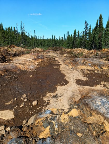 The image depicts a rugged, barren landscape with a dirt road cutting through a dense, forested area under a clear blue sky. AI-generated content may be incorrect.