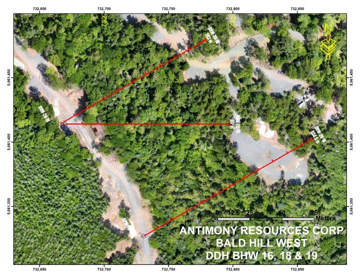 The image shows a detailed map with specific coordinates, elevation, and various land designations related to the Antimony Resources Corporation's property in Bald Hill West.AI-generated content may be incorrect.