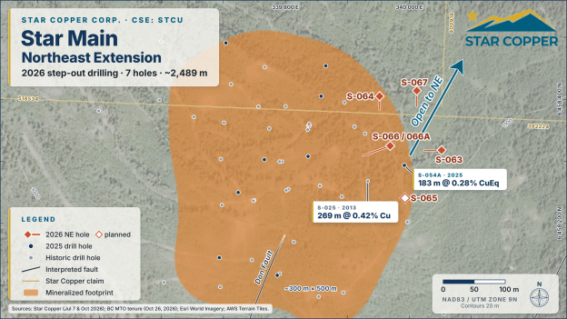 Figure 2: Star Main Northeast Extension, 2026 step-out drill holes. The mineralized footprint is a geological interpretation and is not a mineral resource.